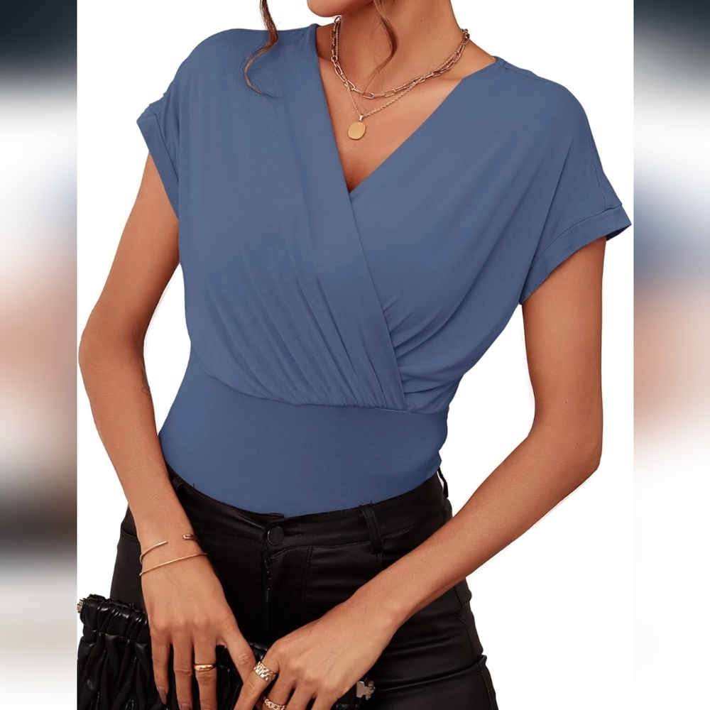 Meetrendi Women V Neck Fitted Ruched Top Cap Sleeve Wrap Shirt Dressy Casual